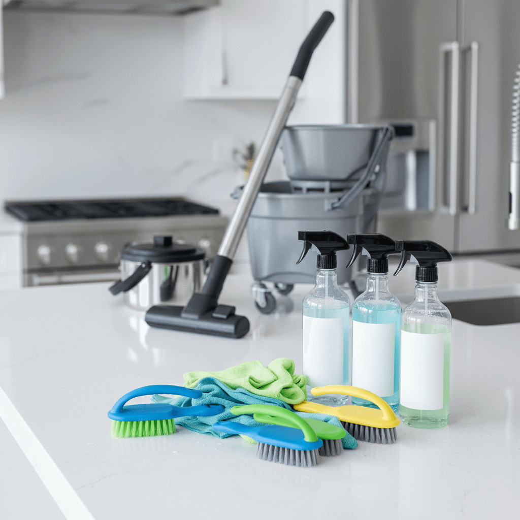 Professional deep cleaning supplies and equipment showing thorough cleaning service results