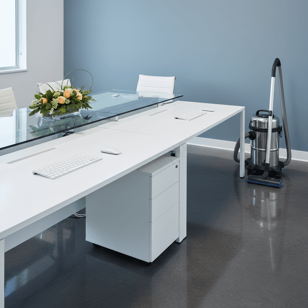 Professional office environment showing commercial cleaning service results with clean workstations